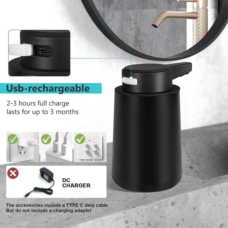 Phneems Automatic Soap Dispenser Foaming Touchless: 9oz Plastic Black Modern Rechargeable Electric Auto Foam Soap Dispenser - Bathroom Kitchen Hand Dish Lotion - Image 4